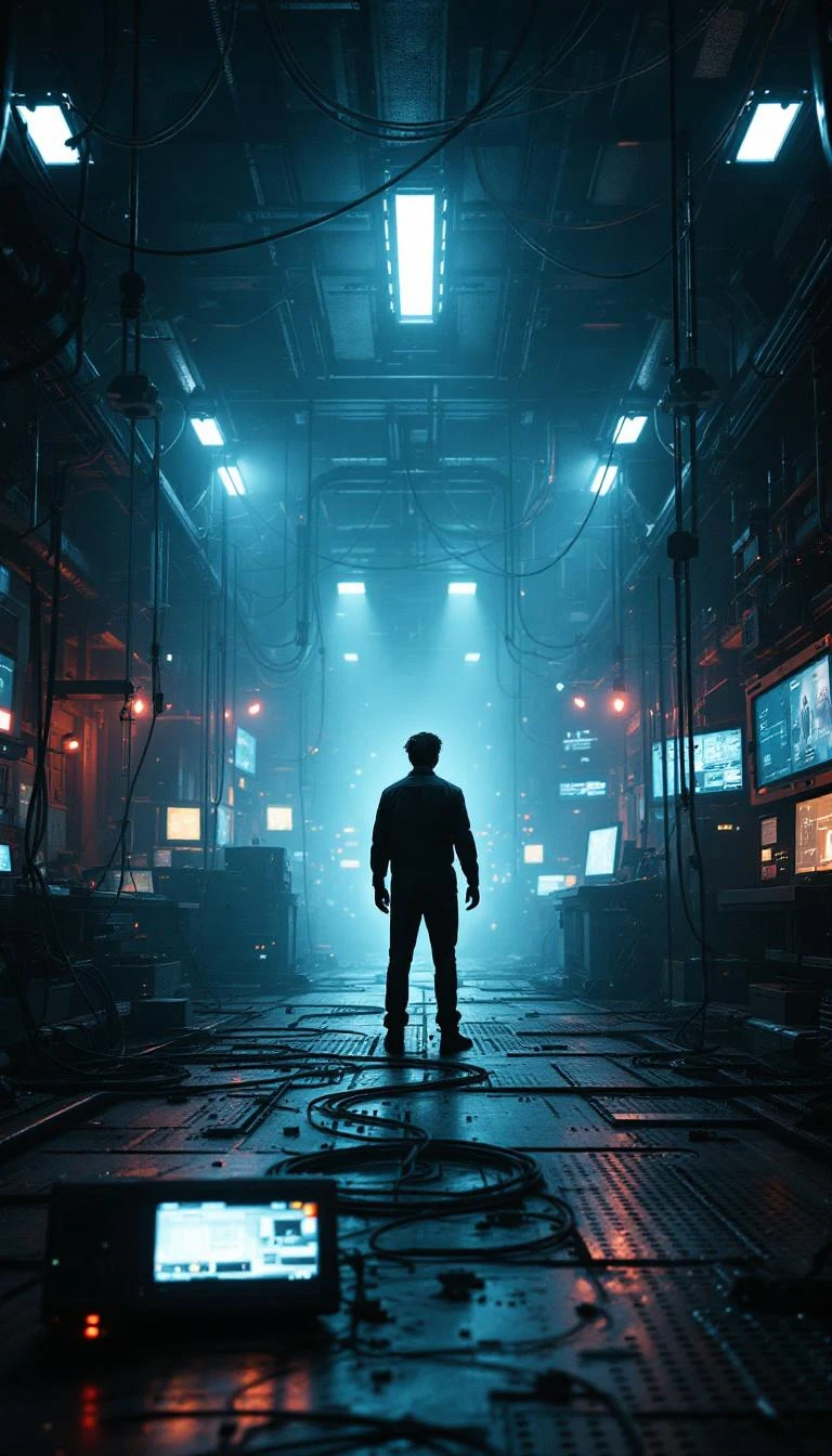 Create a cinematic near-future scene with a lone human figure inside a realistic industrial space. Exposed cables, screens, and machinery surround them. Lighting is moody and practical—neon panels and monitors. The atmosphere is tense, grounded, and physically plausible, with no abstract or surreal elements.