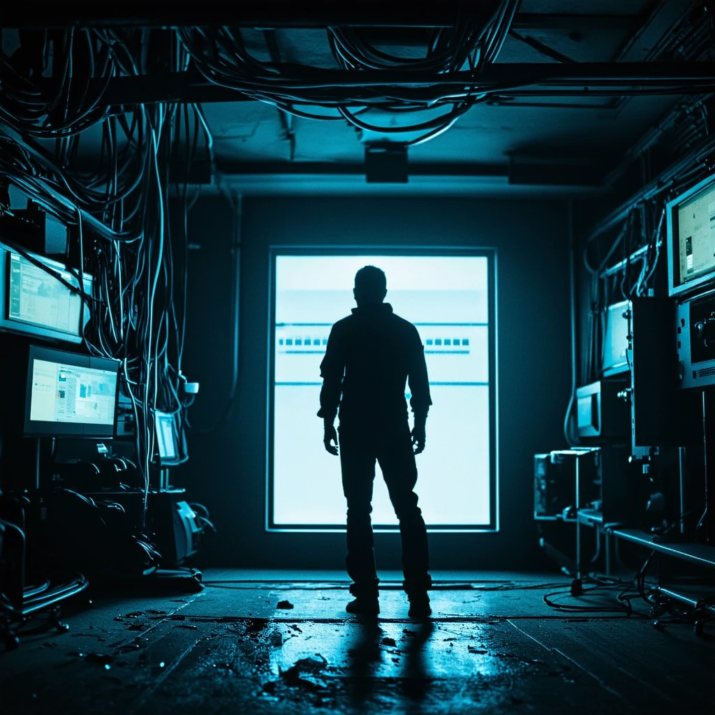 Create a cinematic near-future scene with a lone human figure inside a realistic industrial space. Exposed cables, screens, and machinery surround them. Lighting is moody and practical—neon panels and monitors. The atmosphere is tense, grounded, and physically plausible, with no abstract or surreal elements.