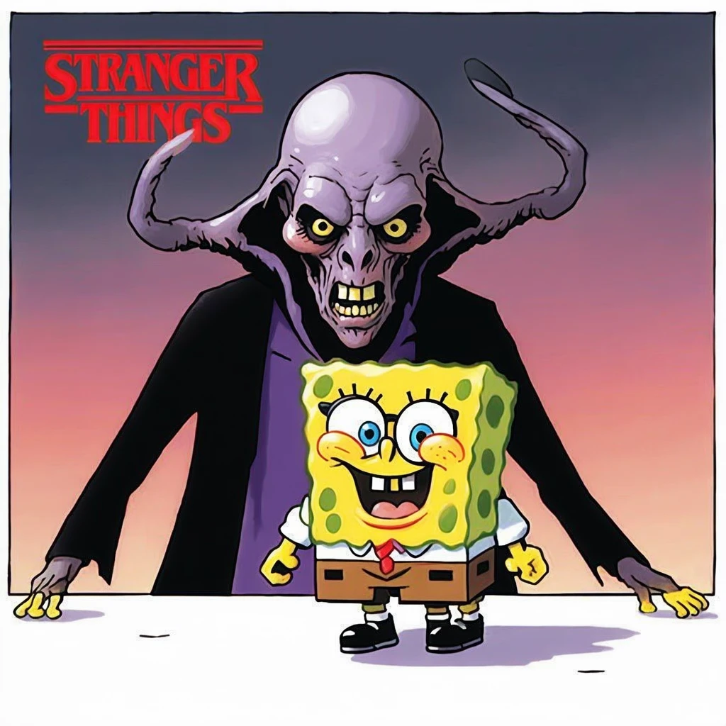 Spongebob wearing glasses colourfull. With the mindflayer from stranger things behind