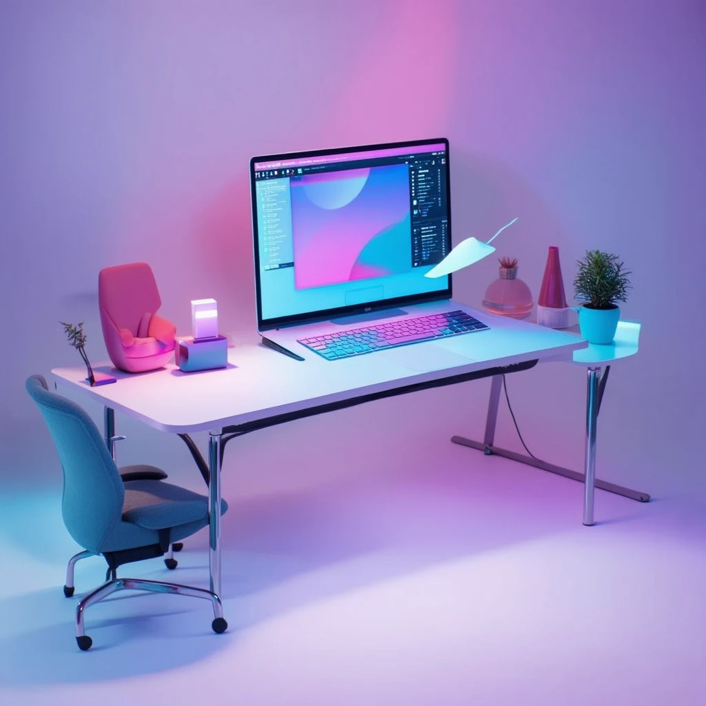 Minimal yet bold creative workspace floating in abstract space, holographic UI elements, colorful gradients, soft glow lighting, futuristic but human, playful and inspiring, editorial stock quality, high detail, artlist-inspired creative technology aesthetic.