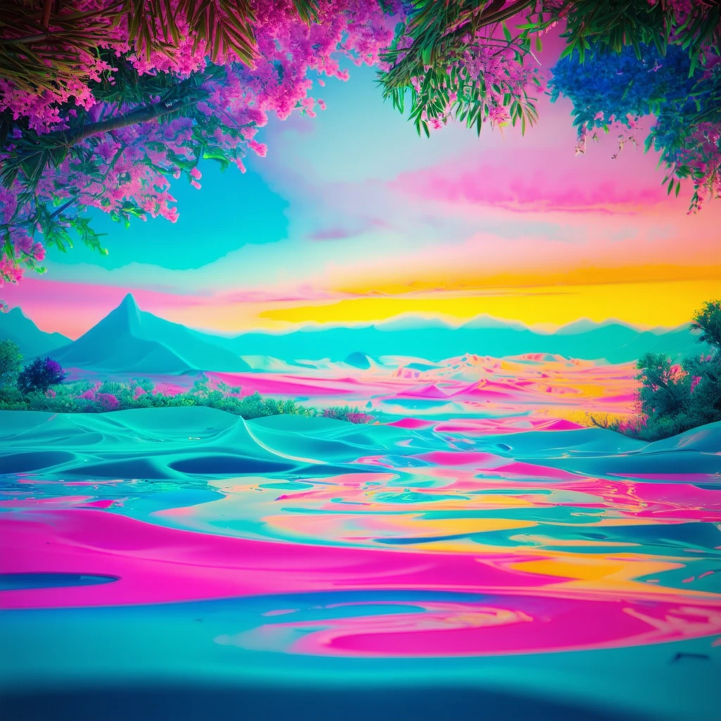 Surreal colorful landscape made of liquid gradients and geometric shapes, cinematic lighting, rich color harmony, smooth transitions, dreamy but energetic, modern stock visual for music and film creators, premium artlist vibe, ultra-clean, 4K look.