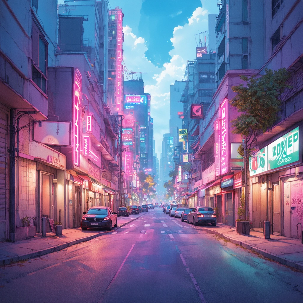 a serene neon-lit cyber-punk city street, watercolor style, soft pastel colors