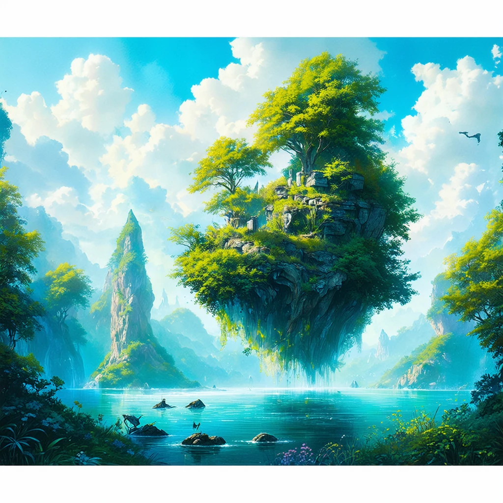 a surreal dreamscape with floating islands, watercolors, cinematic lighting
