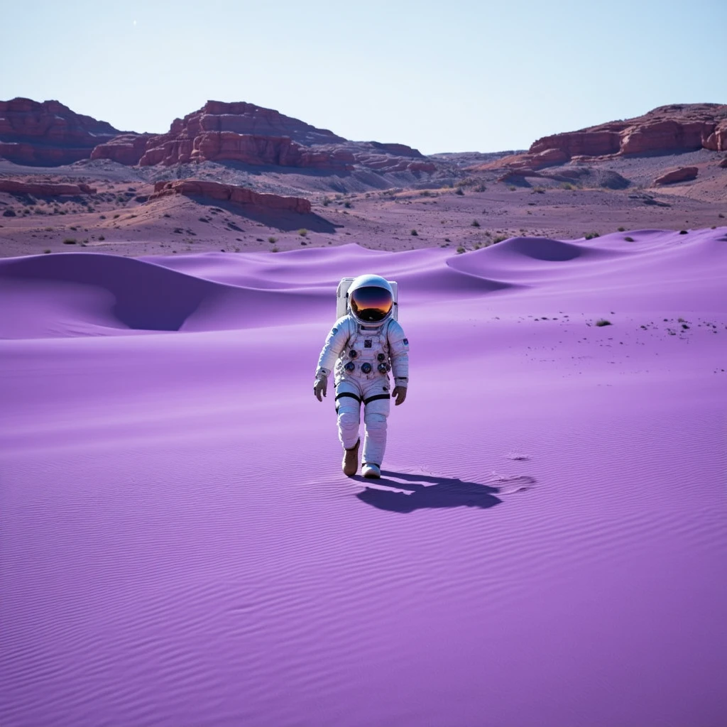 a cinematic wide shot of a lone astronaut walking on a violet desert planet at golden hour, realistic, 8k