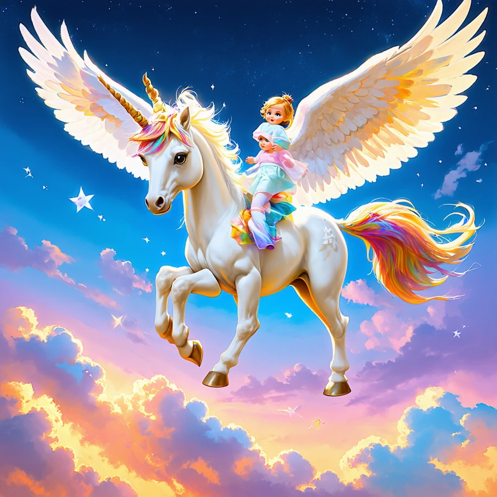 unicorn flying with baby on it futuristic colorful and 2.5D